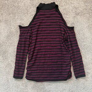 Torrid Sweater Black Purple Striped Pullover Mock Neck Cold Shoulder Ruche Sz 2